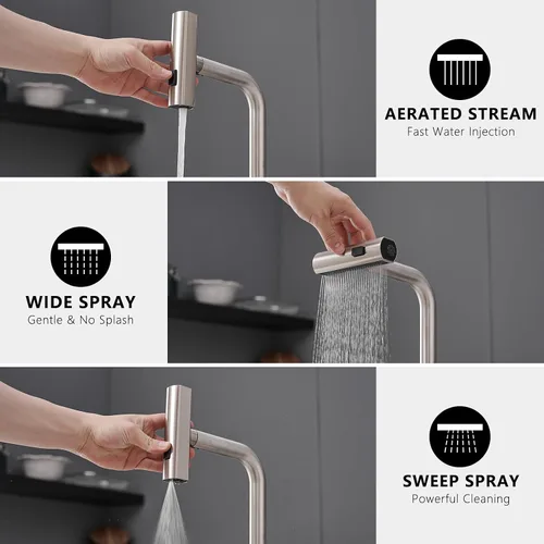 Vista 3 de AIMADI - Grifo de cocina en cascada con rociador extraíble, modernos grifos de fregadero de cocina de una sola manija y un solo orificio de acero
