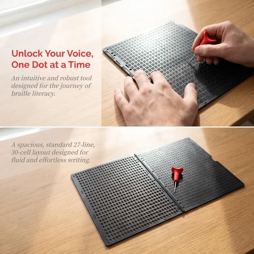 Vista 4 de Pizarra para escritura en braille de 27 líneas 30 celdas con aguja (página completa) Tablero braille para ciegos y discapacitados visuales