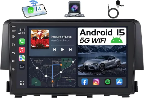 Vista 9 de Radio de coche Android 15 para Honda Civic 2016-2021: 9 pulgadas 1280 * 800 HD pantalla táctil estéreo con Carplay inalámbrico Android Auto 5G WiFi