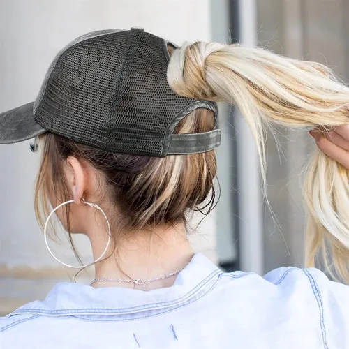 Vista 6 de Vinpress Sombrero de cola de caballo de cáncer de mama para mujer, gorra de béisbol con cinta bordada ajustable