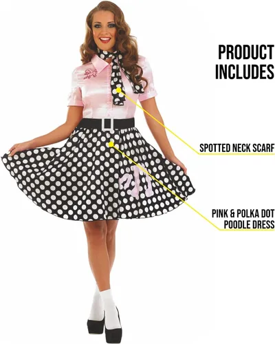 Vista 3 de fun shack Trajes de calcetín hop de 1950 para mujer, disfraces de los años 50 para mujer, vestido de falda de caniche, disfraces de Halloween