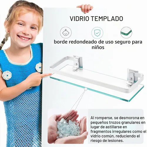 Vista 5 de Baño estante de vidrio Kes con riel de aluminio y extra grueso vidrio templado, estantería de ducha rectangular estilo contemporáneo soporte