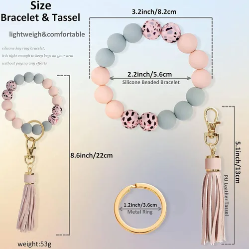 Vista 2 de BIHRTC Llavero con pulsera de silicona Llavero con brazalete de cuentas de silicona llavero con borla de cuero para mujeres niñas