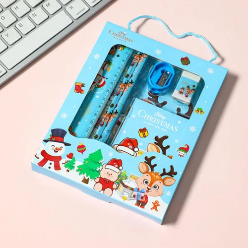 Vista 6 de LUOZZY 4 juegos de regalo de Navidad para niños y estudiantes, papelería temática de Navidad de dibujos animados con caja de regalo y asa, incluye