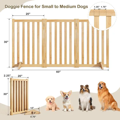 Vista 3 de Puerta independiente para mascotas de 30 pulgadas de altura, valla de seguridad plegable de madera maciza con 2 pies de soporte, ideal para Roble