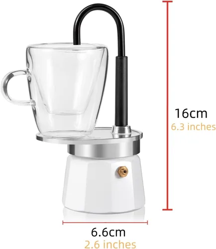 Vista 9 de Mini Express Swiss Single Tube Moka Pot Aluminio Marfil Blanco, El juego Moka incluye una taza de doble pared de 3 onzas, disfruta de un delicioso