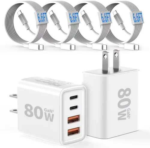 Vista 8 de Paquete de 2 cargadores de pared USB C, bloque de carga rápida de 80W y 4 puertos tipo C, enchufe de pared USBC de múltiples puertos PD20W y QC20W