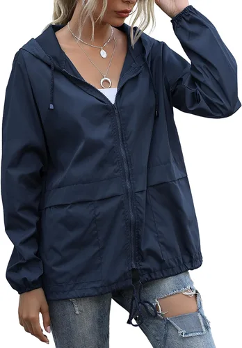 Vista 2 de Chaqueta impermeable ligera para mujer, rompevientos con capucha y bolsillos para exteriores