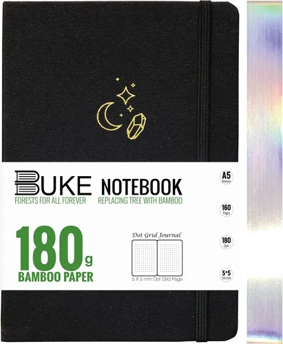 Vista 14 de BUKE Cuaderno de cuadrícula de puntos, papel blanco de bambú de 6.35 oz/m², 5 puntos de 0.197 x 0.197 in, 160 páginas, encuadernación plana, bordes