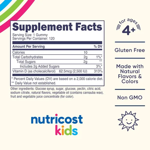Vista 2 de Nutricost Gomitas de vitamina D3 para niños, 2,500 UI (62.5 mcg), 120 gomitas - Sabor a bayas mixtas