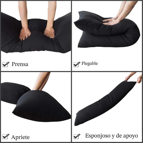 Vista 7 de ELNIDO QUEEN Almohada corporal con funda de almohada - Almohada de cama larga suave para adultos - Relleno de almohada de cuerpo completo Negro