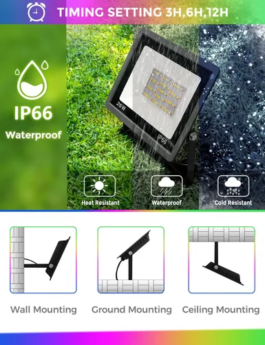 Vista 4 de L LOHAS LED Luz de Inundación LED RGB para Exteriores, 25W Luces de Fiesta DIY que Cambian de Color con Control Remoto, Luz de Patio