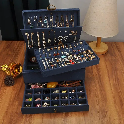 Vista 3 de GYJOYERO Joyero organizador de aretes de joyería para mujeres y niñas 4 capas con cajones collares anillos relojes vitrina almacenamiento