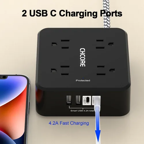 Vista 3 de Protector de Sobretensiones Tira de Alimentación - CHCORE Cable de Extensión Trenzado de 5 Pies con 8 Tomas con 4 Puertos USB (2 USB C) Estación