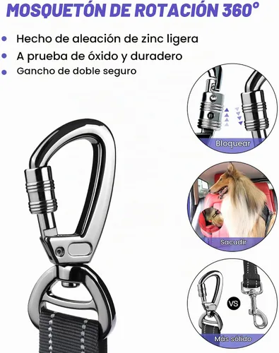 Vista 4 de AUBELL Cinturón de seguridad para perro, 3 en 1, ajustable, reflectante, resistente, arnés de perro con gancho de clip, cierre y hebilla, mosquetón