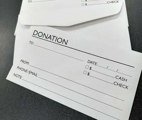 Vista 3 de Sobre genérico de cheque de moneda de donación – Tithe Church Offering Gift Charity – Sello engomado – Blanco con tinta negra – Paquete de 100