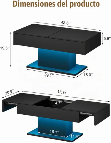 Vista 2 de HedoAjim - Mesa de café LED negra con almacenamiento para sala de estar, mesa de centro rectangular para sala de estar, mesas de café modernas