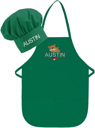 Vista 16 de Conjunto de delantal y sombrero personalizado para niños, diseño de animales, añade tu propio nombre para niños, cocina, horneado Blanco