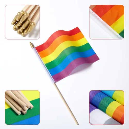 Vista 3 de ZXvZYT Paquete de 12 banderas de arco iris del orgullo, gay, LGBT, pequeñas, de mano, para festivales, fiestas, desfiles (5 x 8 pulgadas)