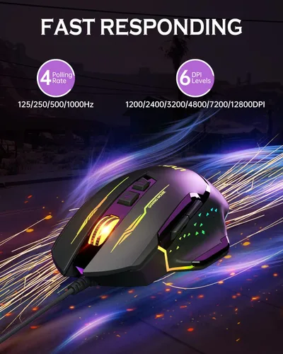 Vista 2 de UHURU WM-07L RGB Mouse con cable para computadora con 7 botones programables, 14 modos de retroiluminación de hasta 12800 DPI para jugadores