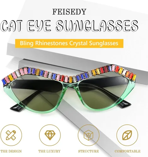 Vista 3 de FEISEDY Moda ojo de gato diamante gafas de sol mujeres retro vintage Cateye marco plástico B2302