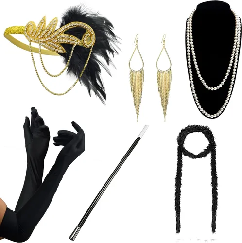 Vista 8 de DRESHOW - 1920s accesorios, sets , disfraz Gatsby, diadema, aretes, guantes