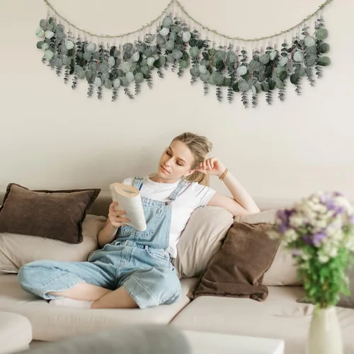 Vista 6 de Plantas artificiales de eucalipto para decoración de pared, vegetación artificial para colgar en la pared, hojas falsas de eucalipto grandes