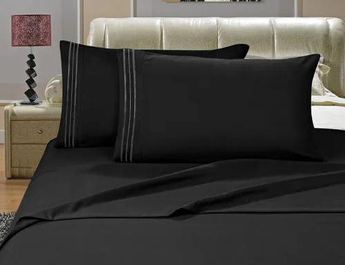 Vista 2 de Elegancia Lino® wrinkle-resistant 1500 hilos California King Size Silky Soft Lujoso Juego de sábana 4pcs Deep bolsillo hasta 16", color negro