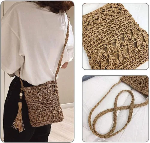 Vista 6 de JQWSVE Straw Purse for Women Straw Bag Summer Purse with Tassel Straw Crossbody Bag Handwoven Beach Bag Crochet Purse