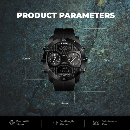 Vista 2 de BURK 1355 - Reloj de pulsera de cuarzo para hombre, pantalla analógica digital, impermeable, crono militar