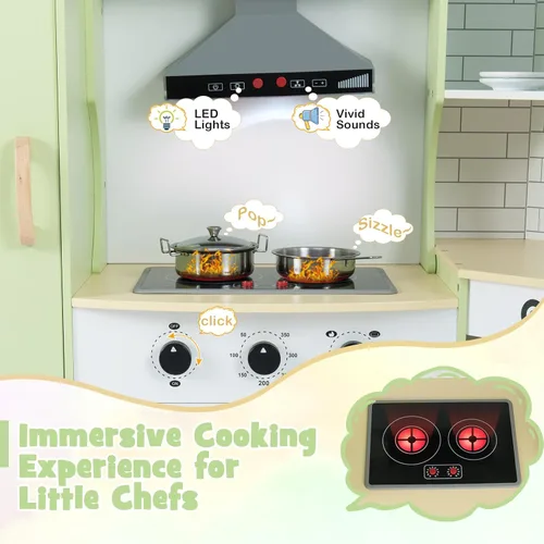 Vista 3 de KOTEK Cocina de juguete de madera para niños con sonido y luz, campana extractora, máquina de hielo, lavadora, microondas, horno, fregadero, traje