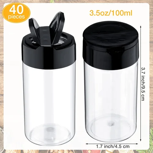 Vista 2 de Paquete de 40 tarros de plástico para especias con tapas de coctelera, recipientes de condimentos de 3.5 onzas con tapas negras, tarros