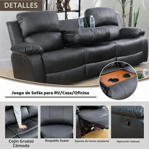 Vista 6 de Juego de muebles de cuero regenerado para sala de estar, juego de sofá reclinable, juego de muebles de dos plazas en sala de estar, sofá reclinable