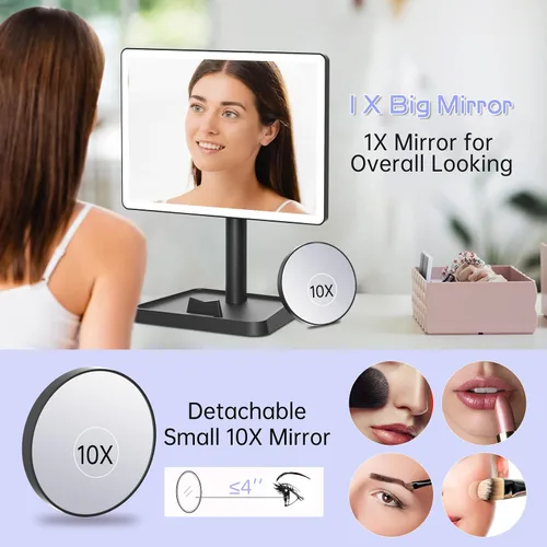 Vista 5 de FUNTOUCH Espejo de tocador de maquillaje recargable con luces, espejo de escritorio grande iluminado con 96 luces LED y aumento de 10x, iluminación