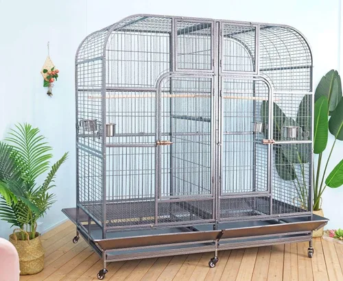 Vista 2 de Doble Jaula con Divisor Central para Pájaros Loro Pajarera de Dimensiones W64xD32xH73 Nueva