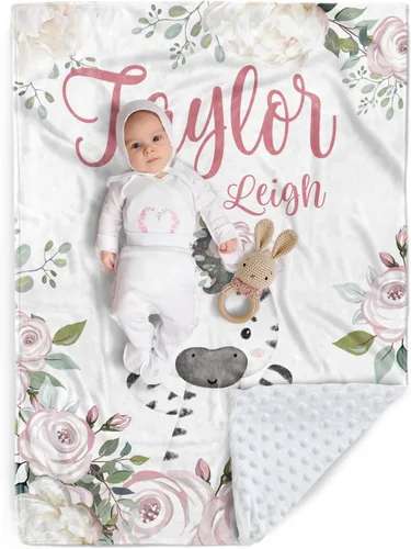 Vista 20 de Manta de bebé personalizada, manta de felpa suave con respaldo de puntos de doble capa para niños y niñas, nombre personalizado con diseño de animal