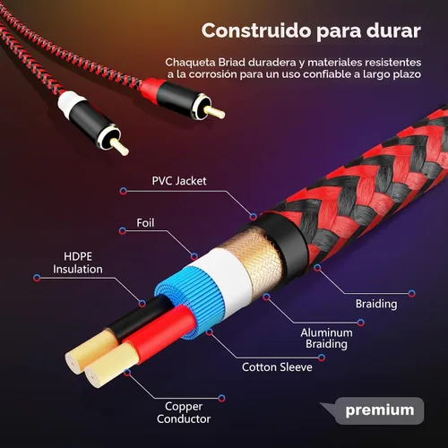 Vista 3 de Cable RCA de 3 pies, 2RCA macho a 2-RCA macho Cable de Audio Estéreo para Subwoofer [Sonido Hi-Fi] Cable de Audio Auxiliar Trenzado de Nylon