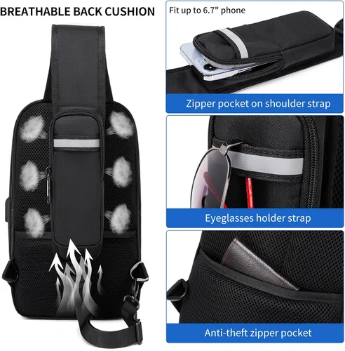 Vista 41 de DUSLANG Mochila de hombro para senderismo, bolsa cruzada para hombres, bolsas de pecho con puerto de cargador USB para campamento casual, ciclismo