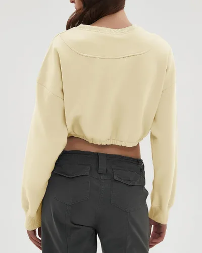 Vista 6 de CHYRII Sudadera corta de gran tamaño para mujer, de forro polar, cuello redondo, manga larga, para otoño e invierno