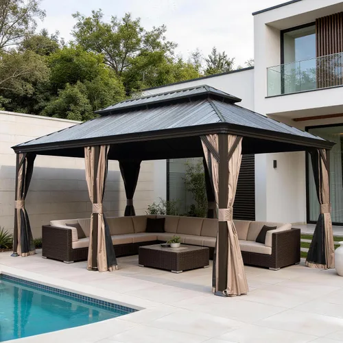 Vista 23 de Domi - Cenador de techo rígido de 8 x 8 pies con malla y cortinas, cenador para exteriores con techo doble de acero galvanizado para patio, césped