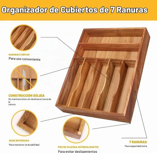 Vista 6 de Organizador de cubiertos de acacia de cocina, divisor de cajón ranurado extraprofundo, organizador de utensilios de 7 ranuras