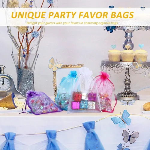 Vista 2 de Angooni 100 bolsas de organza azul transparente con cordón para regalo, para joyas, fiestas, bodas, fiestas, festivales, bolsas de dulces (4 x 6)