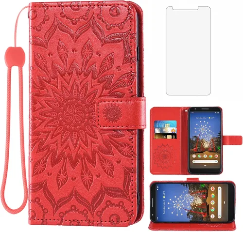 Vista 9 de Funda de teléfono para Google Pixel 3a XL con protector de pantalla de vidrio templado, funda magnética de cuero, soporte para tarjetas, accesorios