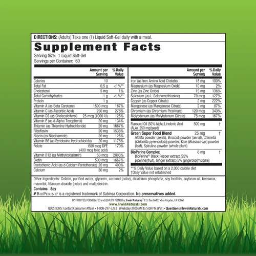 Vista 2 de Irwin Naturals Only One Liquid Gel Multi con Hierro Vitaminas esenciales diarias, minerales, antioxidantes, Omega-3 y Super Alimentos Verdes - 60