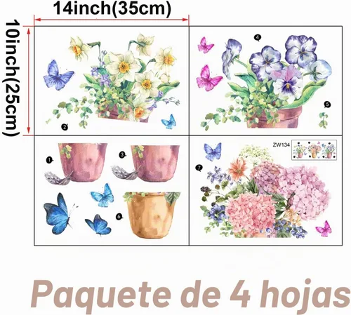 Vista 2 de Maydahui Calcomanías de pared para macetas de mariposas, calcomanías de bonsái florales en acuarela