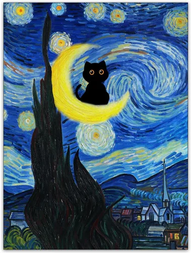 Vista 33 de CAXIYSH Arte de pared de gato negro Monet, póster de lirios acuáticos, vintage, divertido, floral, gato, lienzo, pinturas famosas, impresiones