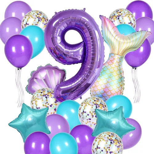 Vista 9 de Decoraciones de cumpleaños de sirena, kit de globos de cola de sirena, decoración de fiesta para niñas de 1 año (Número 1)