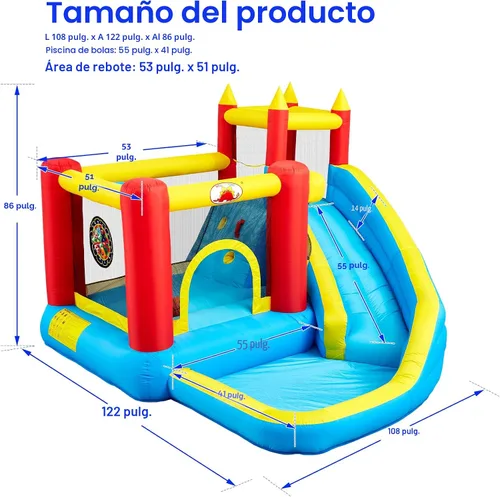 Vista 2 de WELLFUNTIME - Casa inflable para saltar con tobogán, castillo hinchable con ventilador, pared de escalada, diana, aro de baloncesto y 50 pelotas