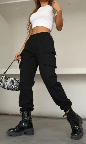 Vista 3 de VANGULL Pantalones deportivos de cintura alta para mujer, estilo casual, con bolsillo con solapa, color liso, para exteriores, color negro