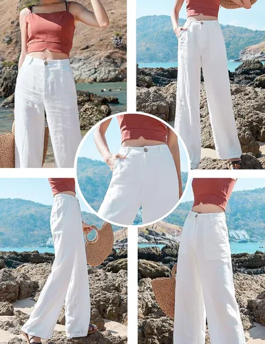Vista 4 de Hooever Pantalones casuales de lino y algodón para mujer, con botones, cintura alta, pierna ancha
